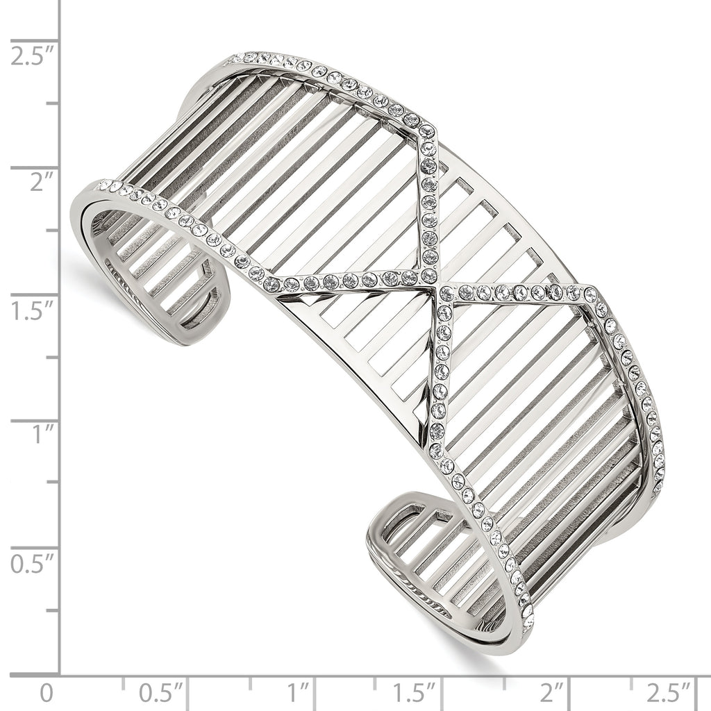 Stainless Steel 25mm Polished with Crystals X Cuff Bangle