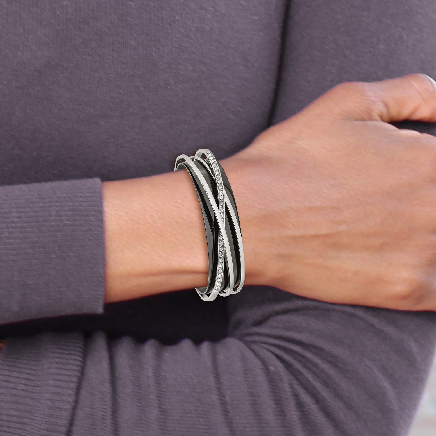 Chisel Stainless Steel Polished Black IP-plated with Crystals from Crystal Layered Cuff Bangle