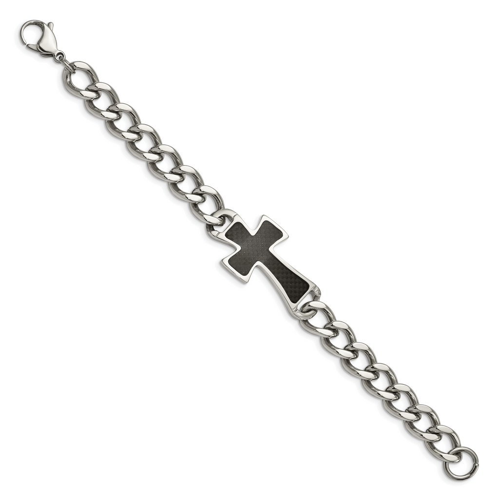 Cross Bracelet in Stainless Steel with Black Carbon Fiber Inlay