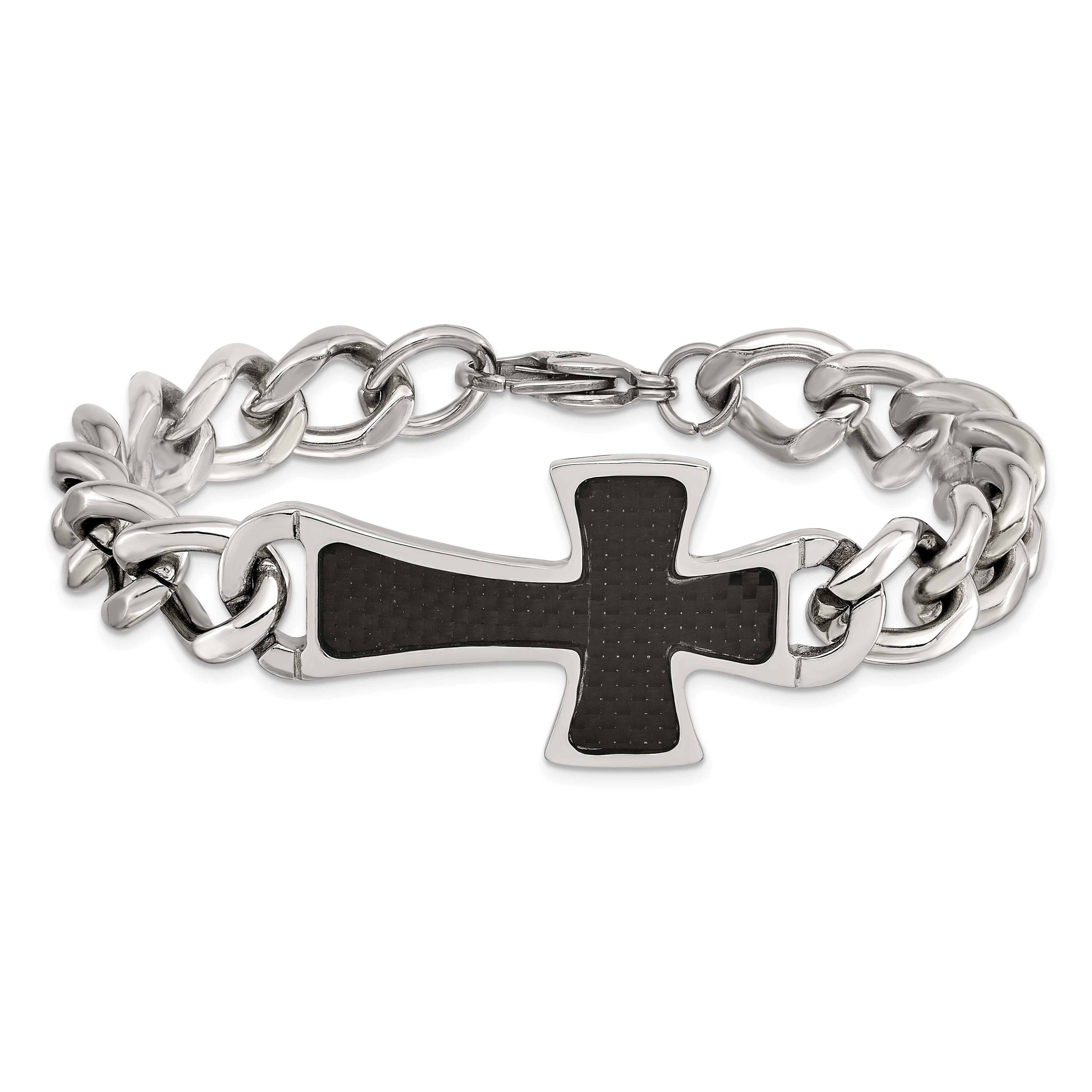 Cross Bracelet in Stainless Steel with Black Carbon Fiber Inlay
