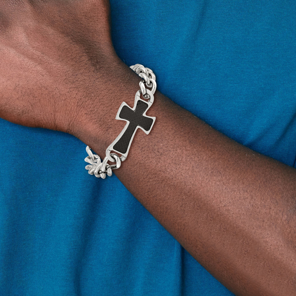 Cross Bracelet in Stainless Steel with Black Carbon Fiber Inlay