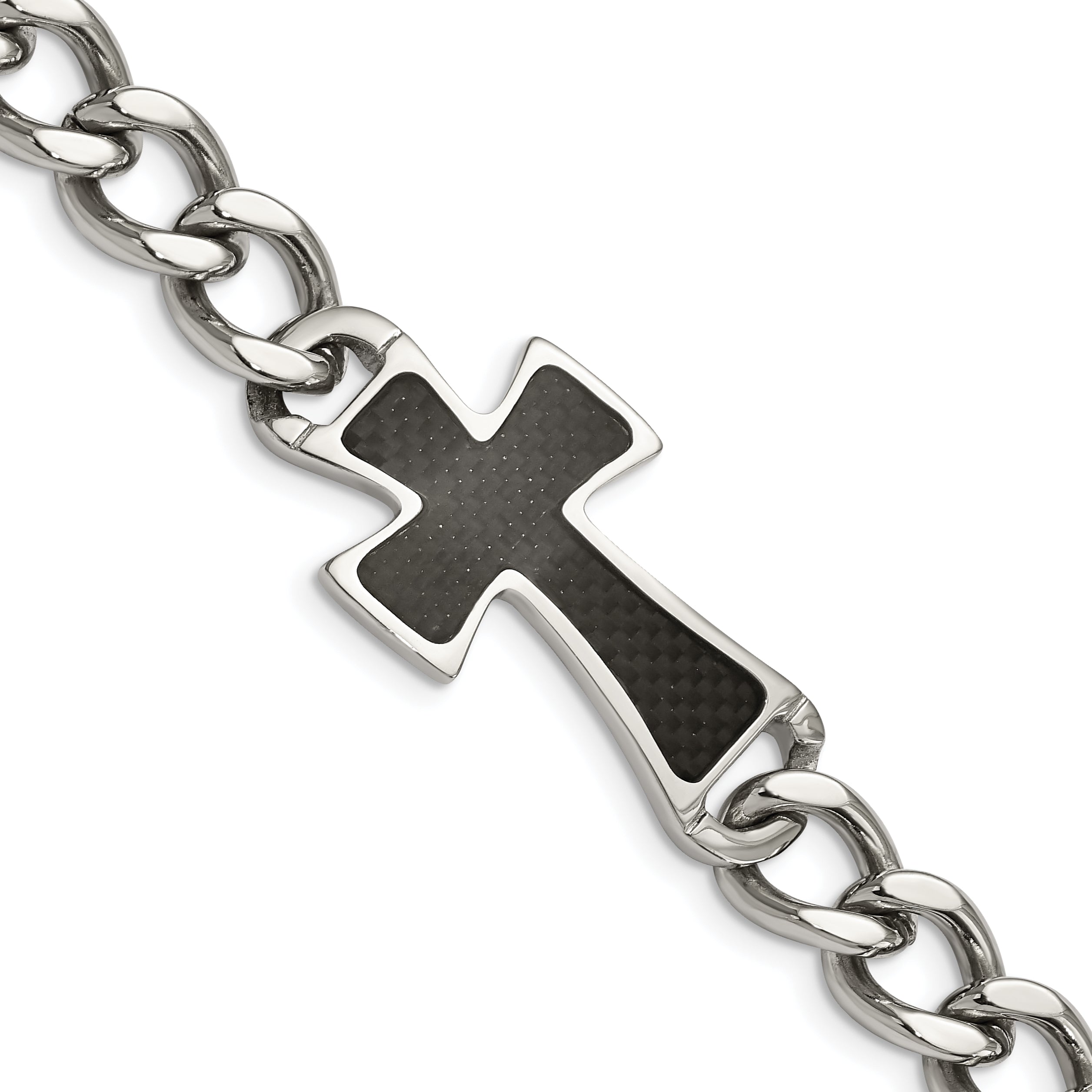 Chisel Stainless Steel Polished with Black Carbon Fiber Inlay Cross 8.5 inch Bracelet Main image