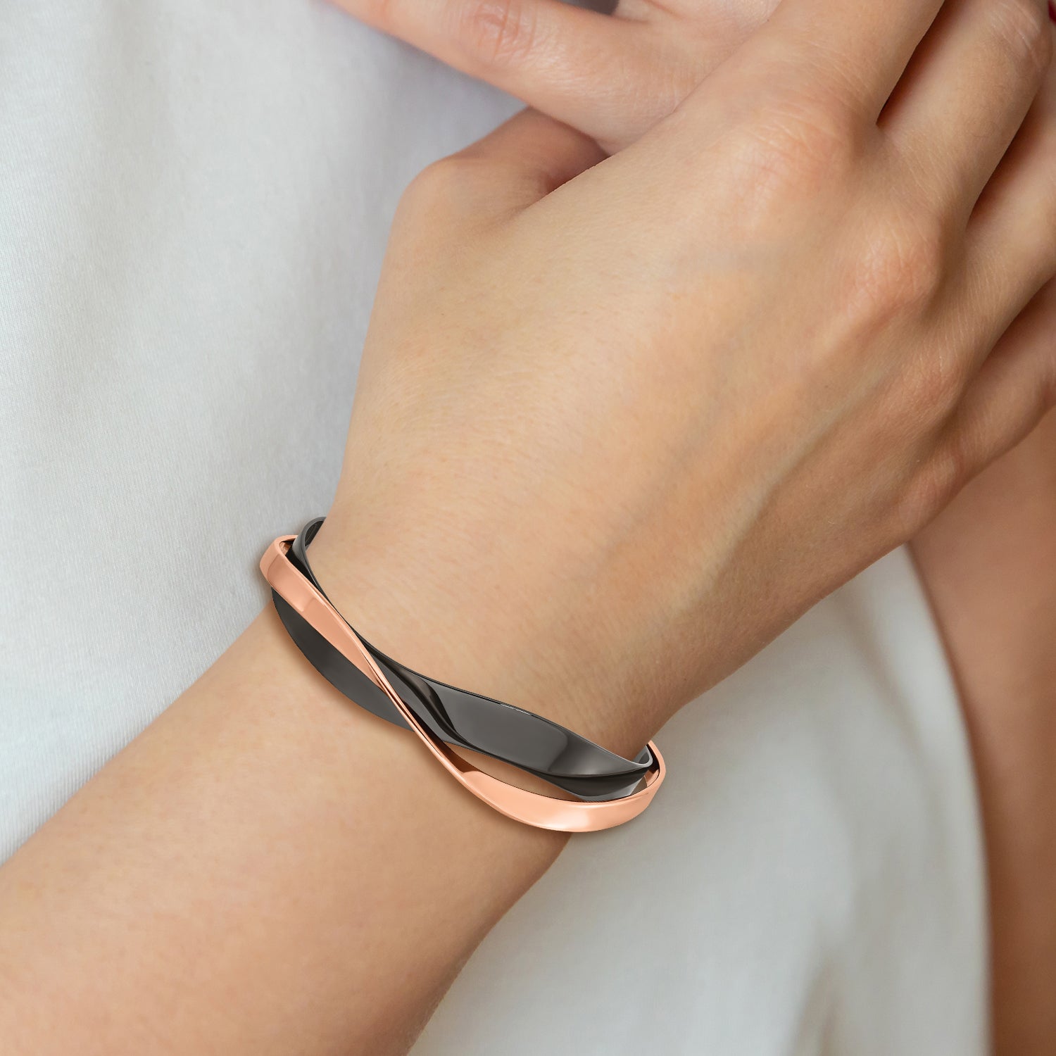 Chisel Stainless Steel Polished Black and Rose IP-plated Layered and Twisted Cuff Bangle