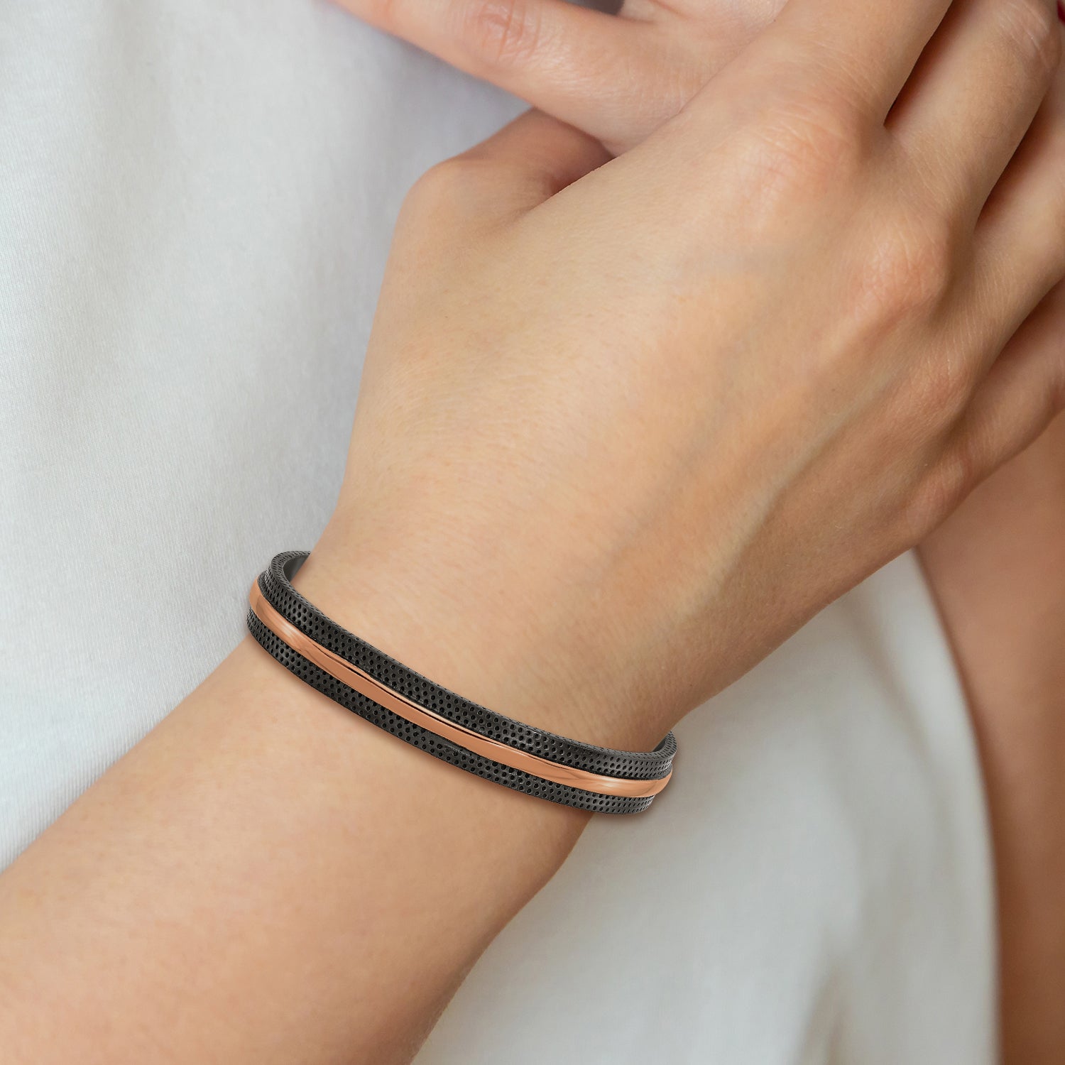 Chisel Stainless Steel Polished and Textured Black and Brown IP-plated 10mm Cuff Bangle