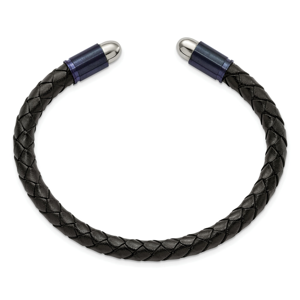 Chisel Stainless Steel Brushed and Polished Dark Grey IP-plated Black Leather Flexible Cuff Bangle