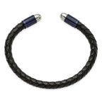 Chisel Stainless Steel Brushed and Polished Dark Grey IP-plated Black Leather Flexible Cuff Bangle