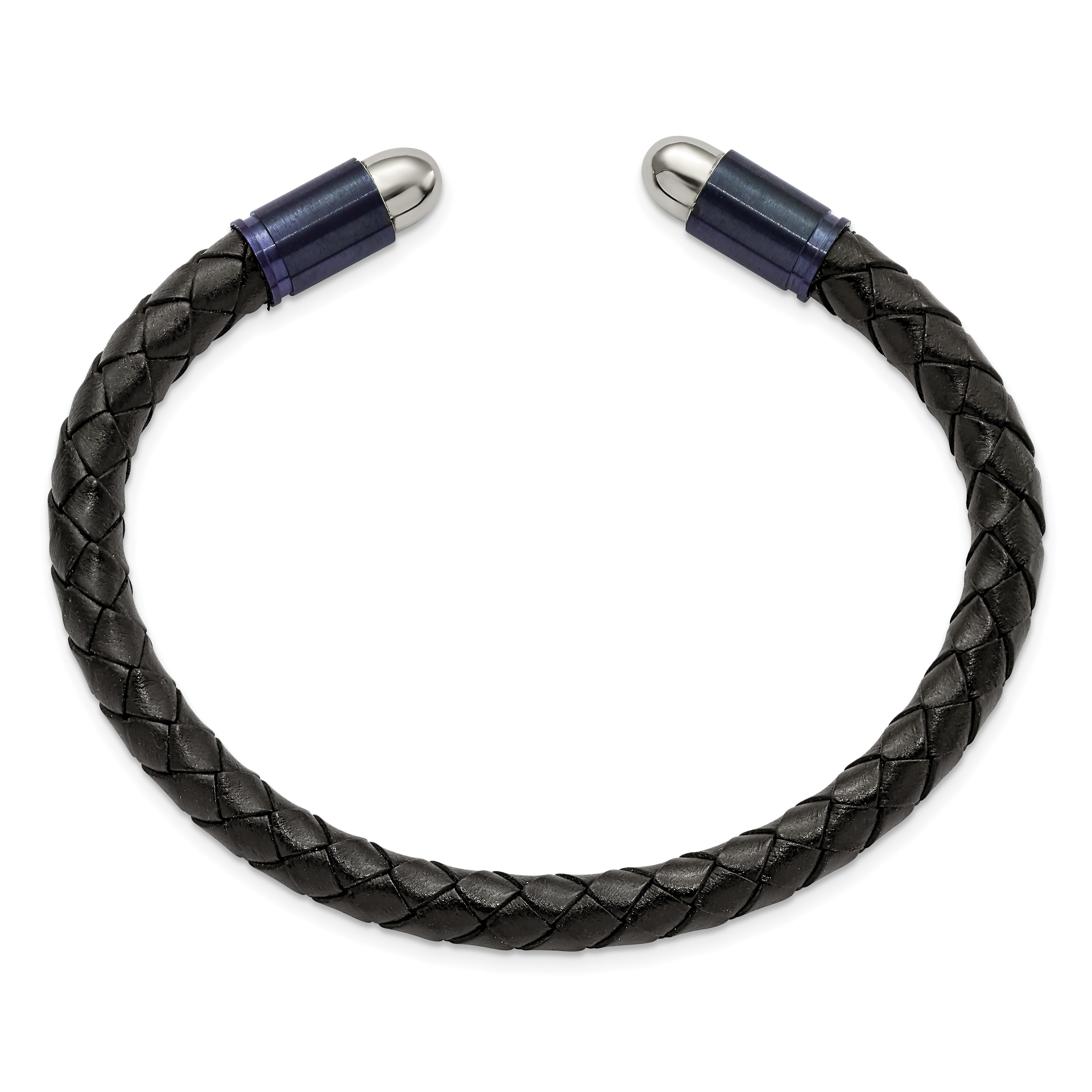 Chisel Stainless Steel Brushed and Polished Dark Grey IP-plated Black Leather Flexible Cuff Bangle