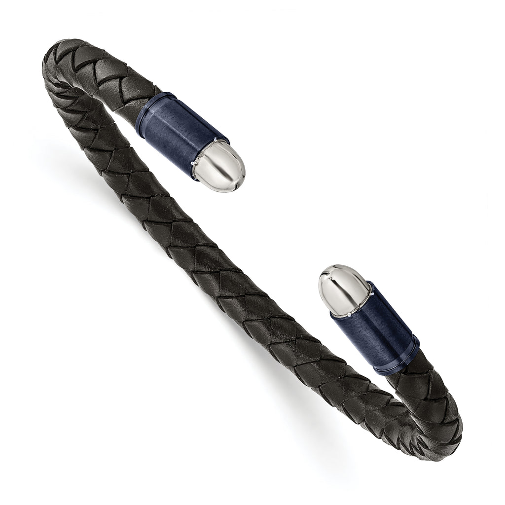 Chisel Stainless Steel Brushed and Polished Dark Grey IP-plated Black Leather Flexible Cuff Bangle
