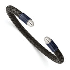 Chisel Stainless Steel Brushed and Polished Dark Grey IP-plated Black Leather Flexible Cuff Bangle