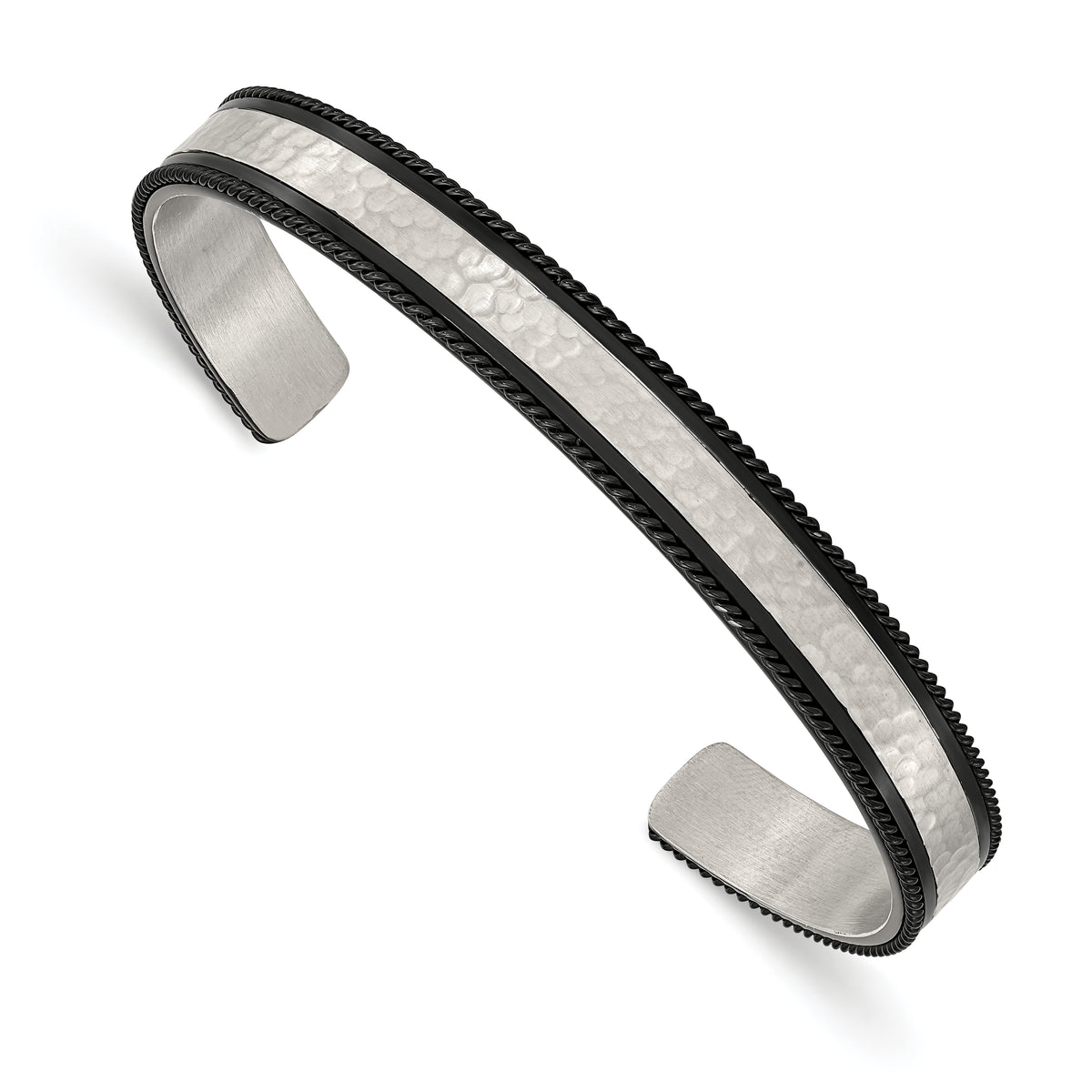 Chisel Stainless Steel Brushed Polished and Hammered Black IP-plated Wire Edge Cuff Bangle