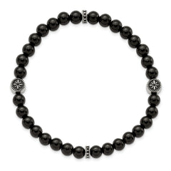 Chisel Stainless Steel Antiqued and Polished 6mm Black Agate Beaded Stretch Bracelet - 7.25