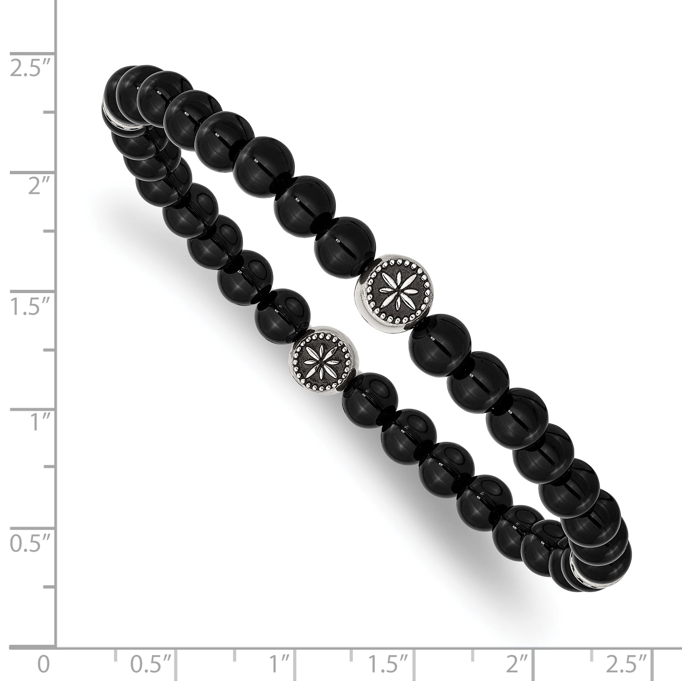 Chisel Stainless Steel Antiqued and Polished 6mm Black Agate Beaded Stretch Bracelet - 7.25