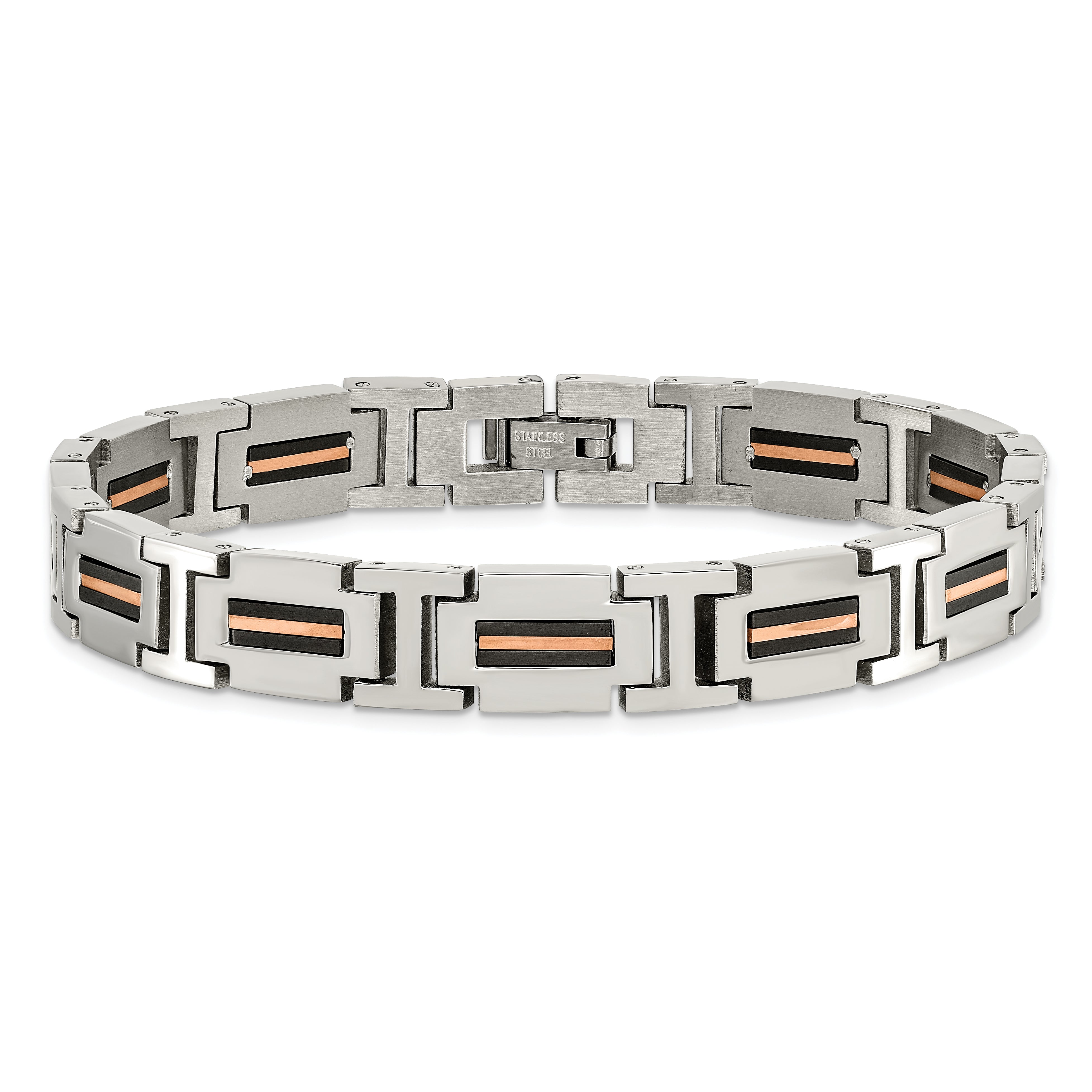 Chisel Stainless Steel Polished Black and Rose IP-plated 8.5 inch Link Bracelet