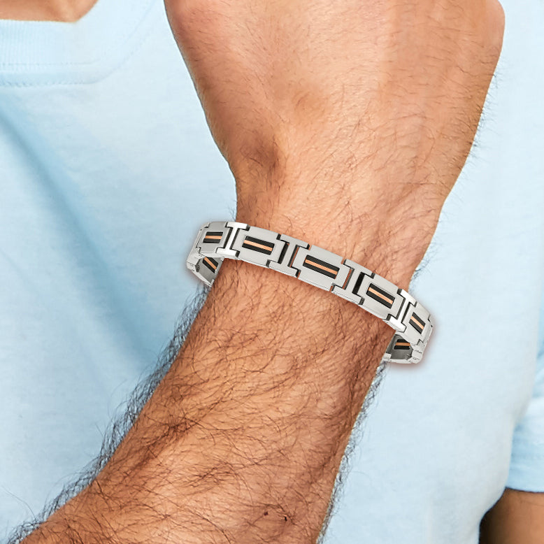 Black & Rose IP-Plated Link Bracelet in Stainless Steel