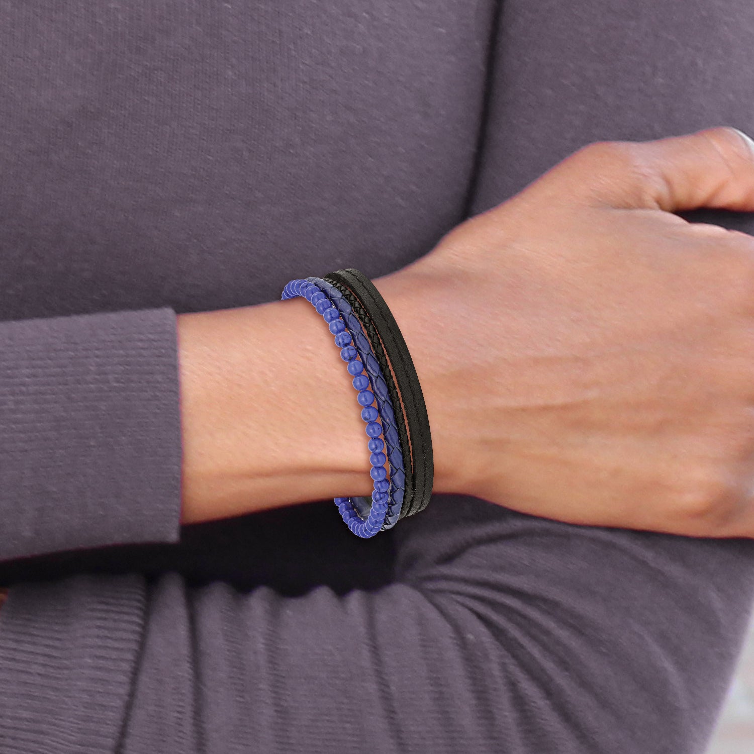 Lapis Multi-Strand Leather Bracelet in Stainless Steel