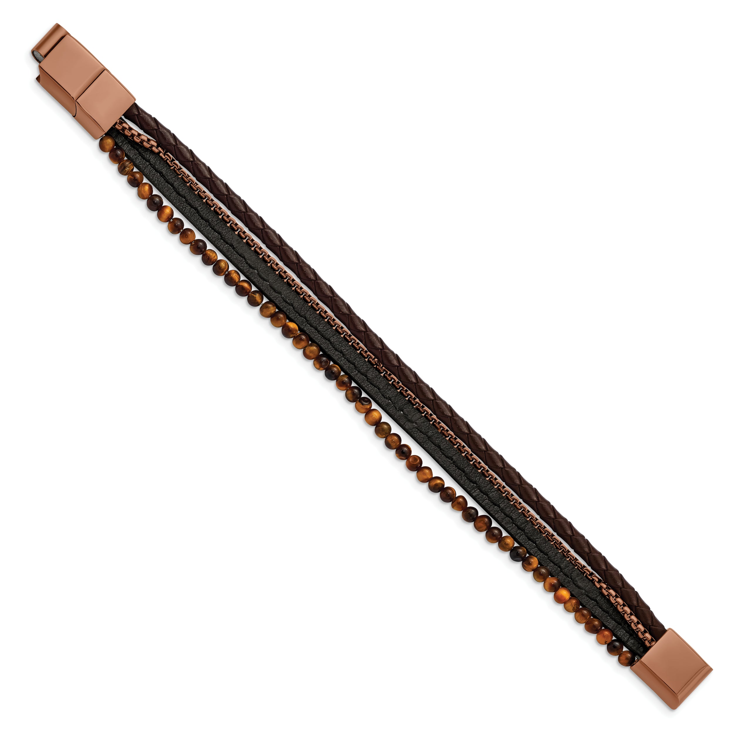 Chisel Stainless Steel Polished Brown IP-plated Multi Strand Tiger's Eye Beaded Black and Brown Leather 8 inch Bracelet with .5 inch Extension