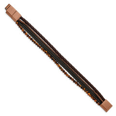 Chisel Stainless Steel Polished Brown IP-plated Multi Strand Tiger's Eye Beaded Black and Brown Leather 8 inch Bracelet with .5 inch Extension