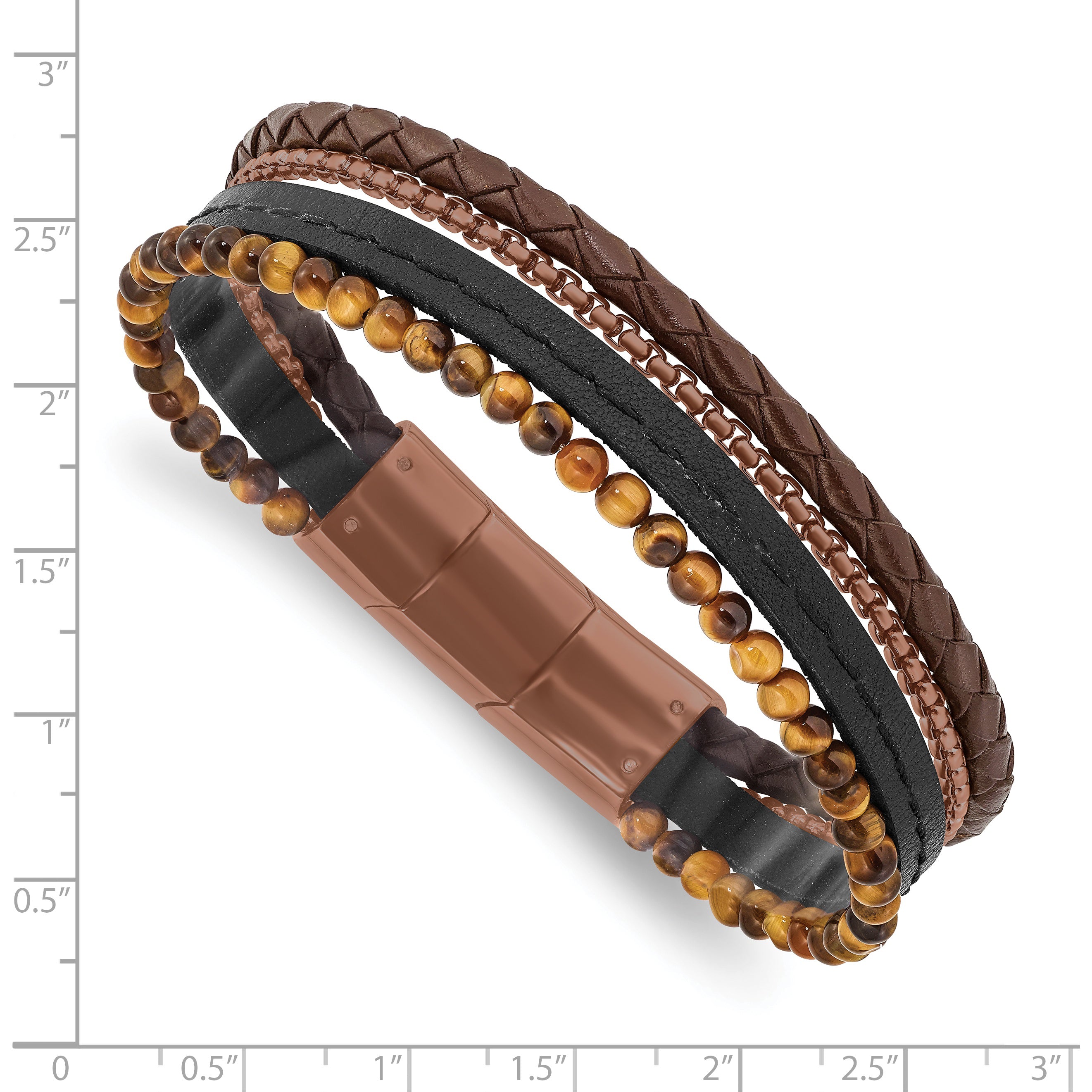 Chisel Stainless Steel Polished Brown IP-plated Multi Strand Tiger's Eye Beaded Black and Brown Leather 8 inch Bracelet with .5 inch Extension