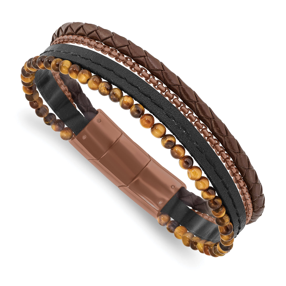 Chisel Stainless Steel Polished Brown IP-plated Multi Strand Tiger's Eye Beaded Black and Brown Leather 8 inch Bracelet with .5 inch Extension