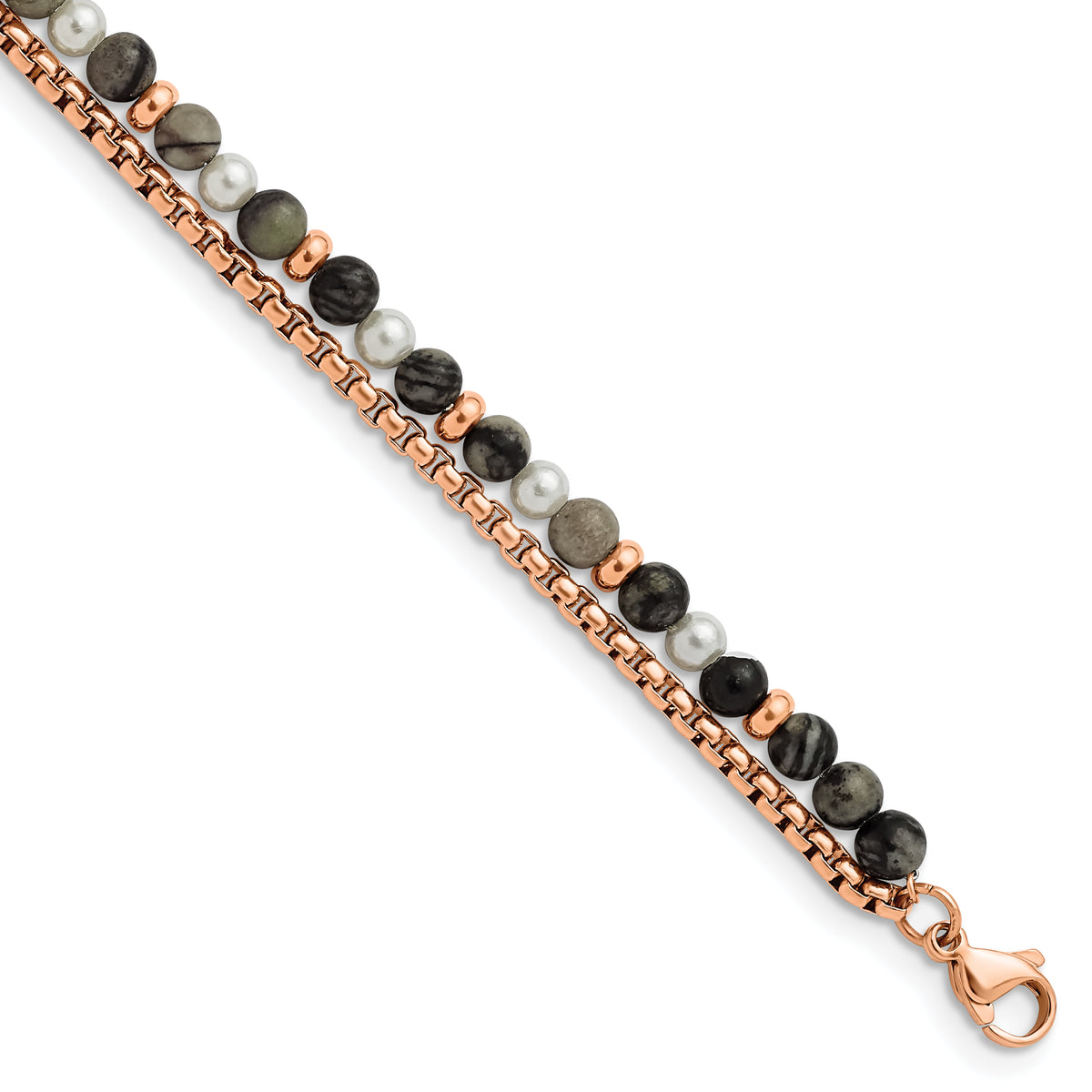 Chisel Stainless Steel Polished Rose IP-plated Box Chain and Picasso Jasper Beads 6.5 inch Bracelet with 1 inch Extension