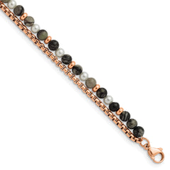 Chisel Stainless Steel Polished Rose IP-plated Box Chain and Picasso Jasper Beads 6.5 inch Bracelet with 1 inch Extension