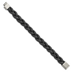 Braided Leather Bracelet in Stainless Steel, Black & Grey