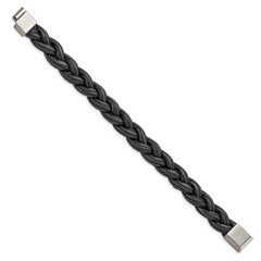 Chisel Stainless Steel Brushed Black and Grey Braided Leather 8.25 inch Bracelet - 8.25