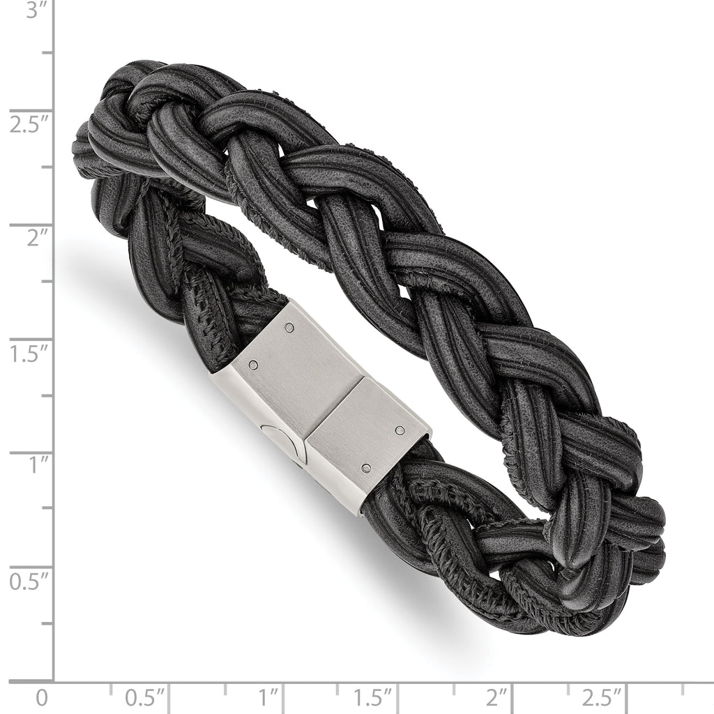 Braided Leather Bracelet in Stainless Steel, Black & Grey