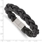 Braided Leather Bracelet in Stainless Steel, Black & Grey