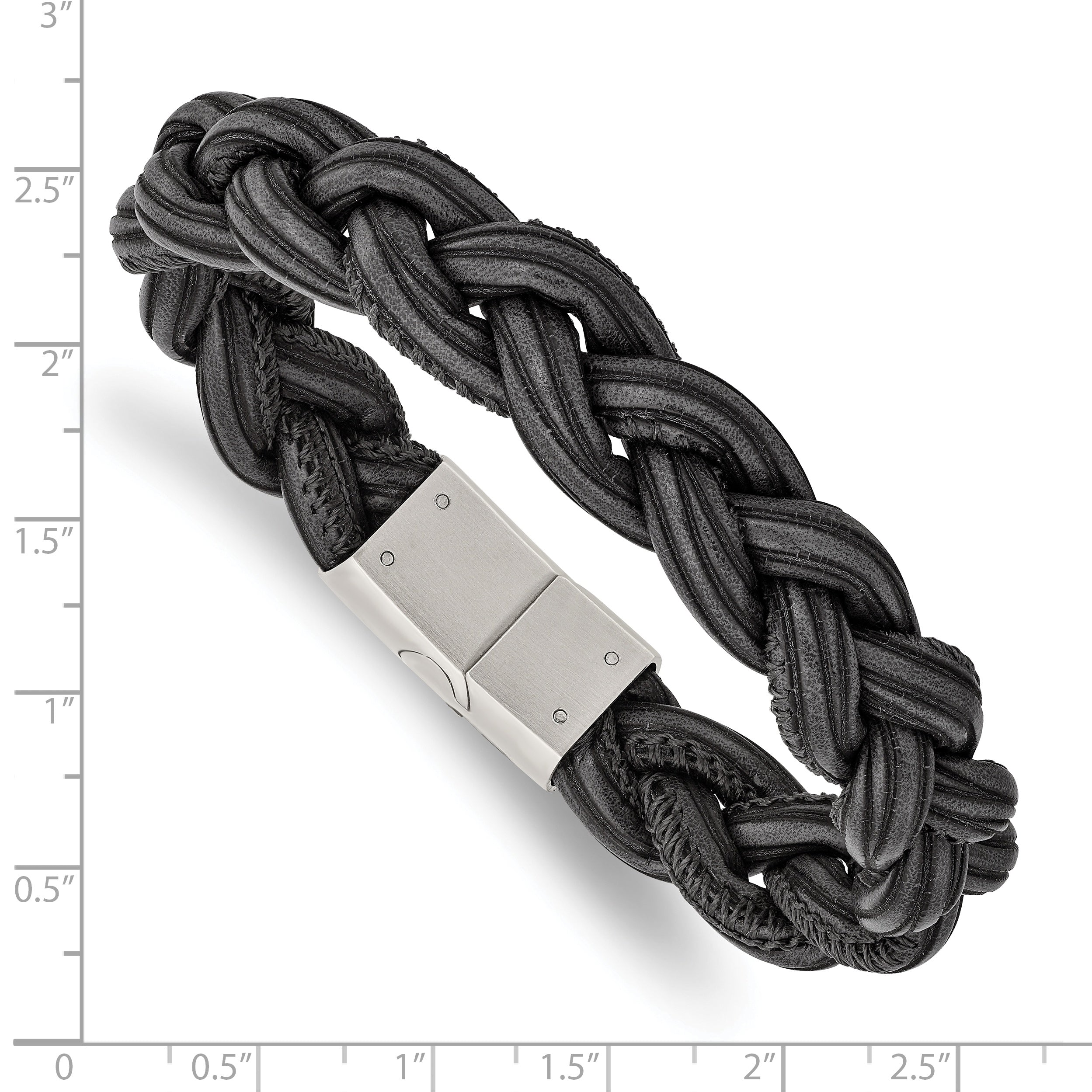 Braided Leather Bracelet in Stainless Steel, Black & Grey