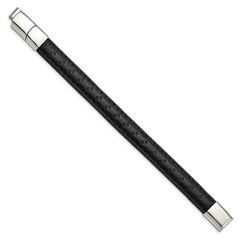 Stainless Steel Polished Black Leather 7.75in w/.5in ext Bracelet