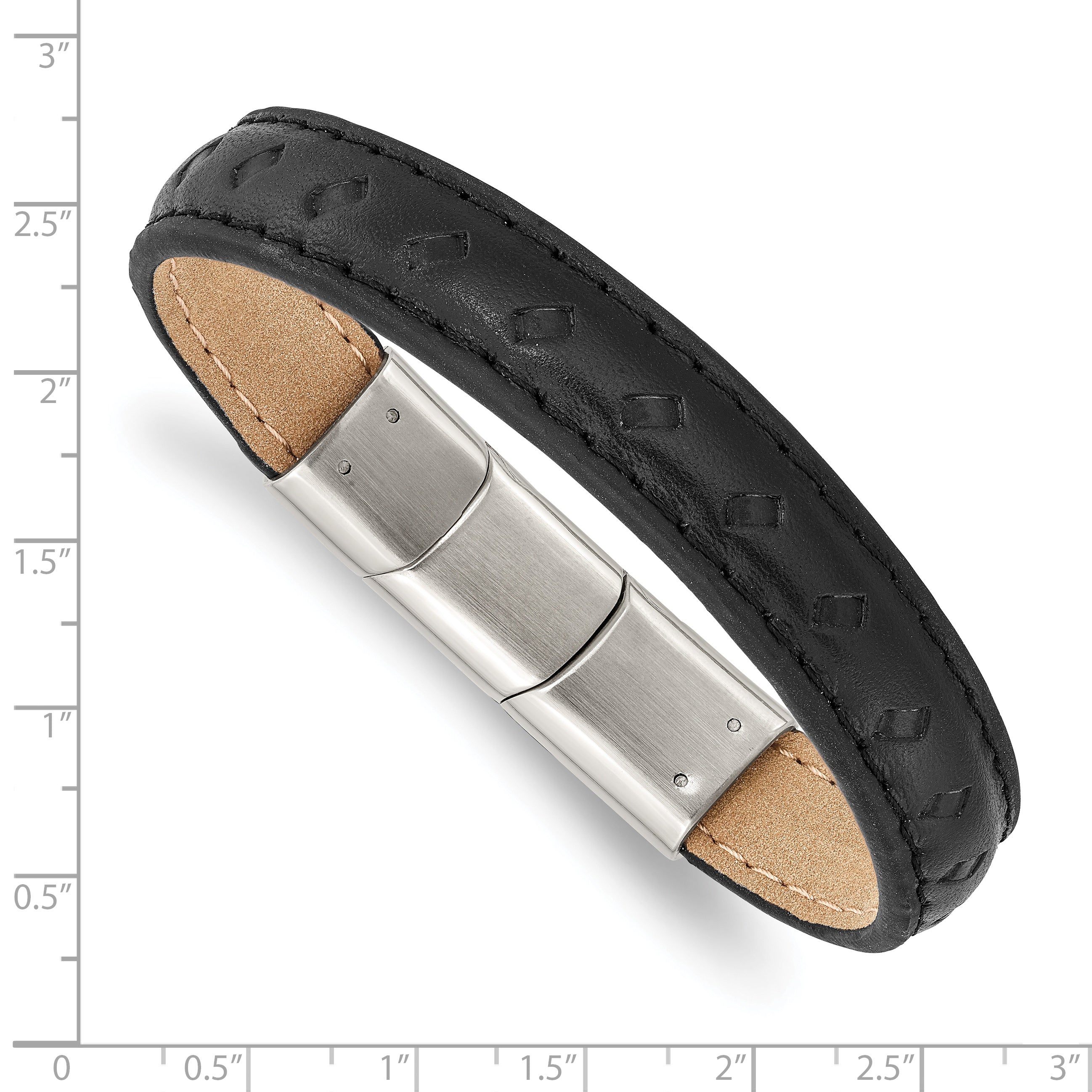 Polished Black Leather Bracelet in Stainless Steel
