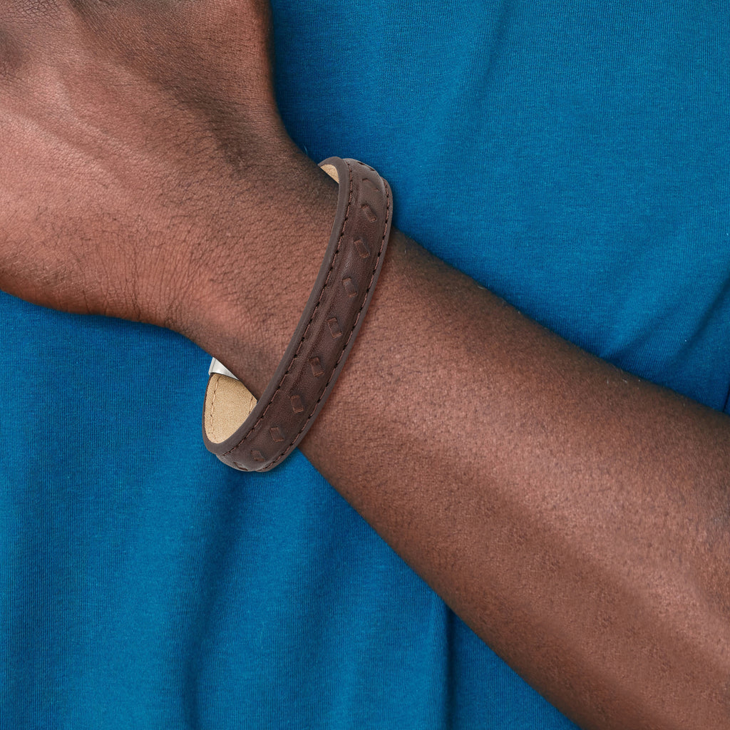 Polished Brown Leather Bracelet in Stainless Steel