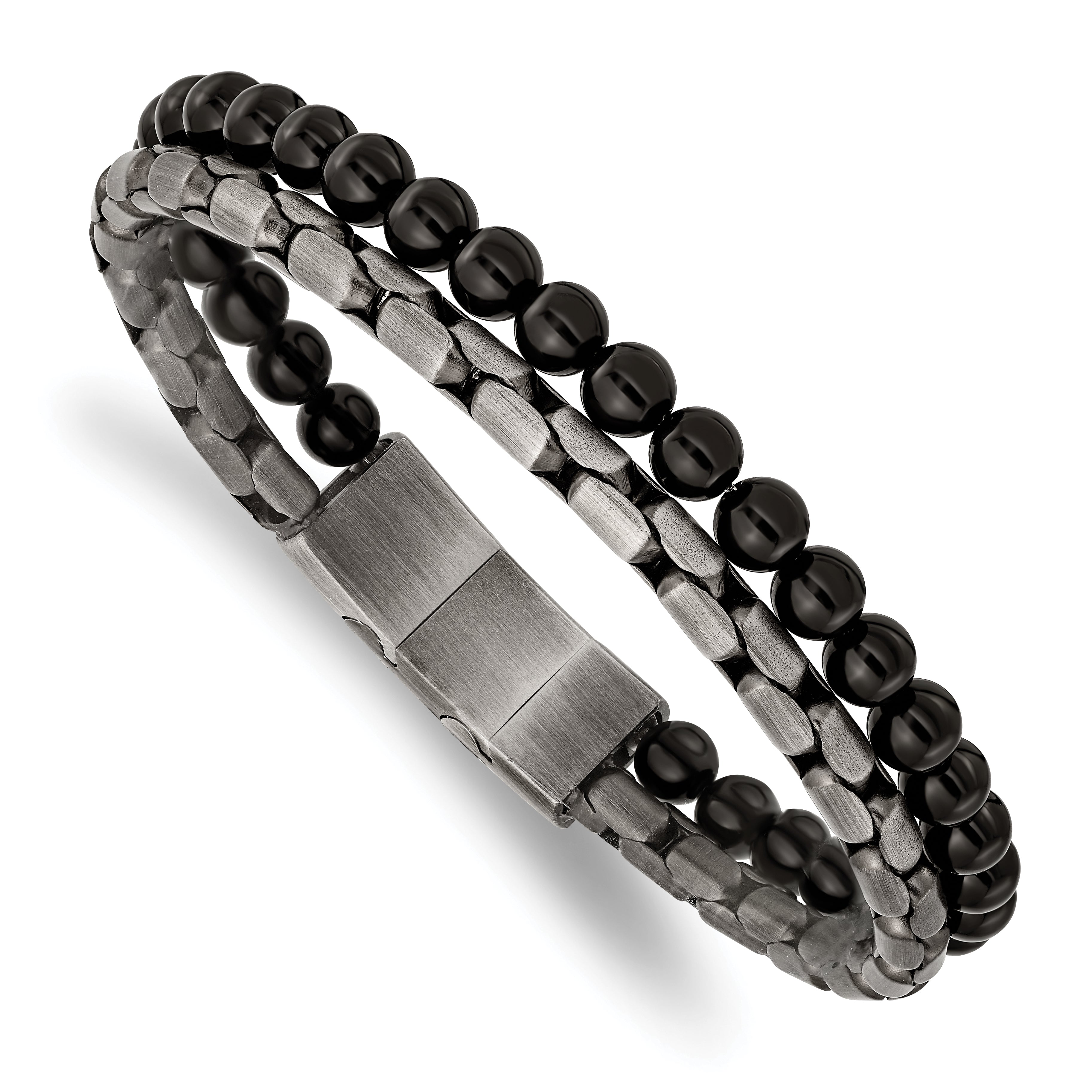 Chisel Stainless Steel Brushed Antique Bronze-plated Agate Beaded 8.5 inch Bracelet with .5 inch Extension