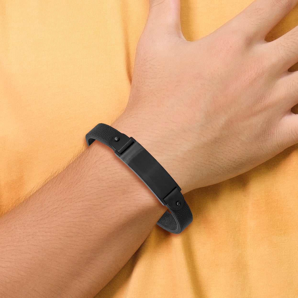 Black IP Leather ID Bracelet in Stainless Steel