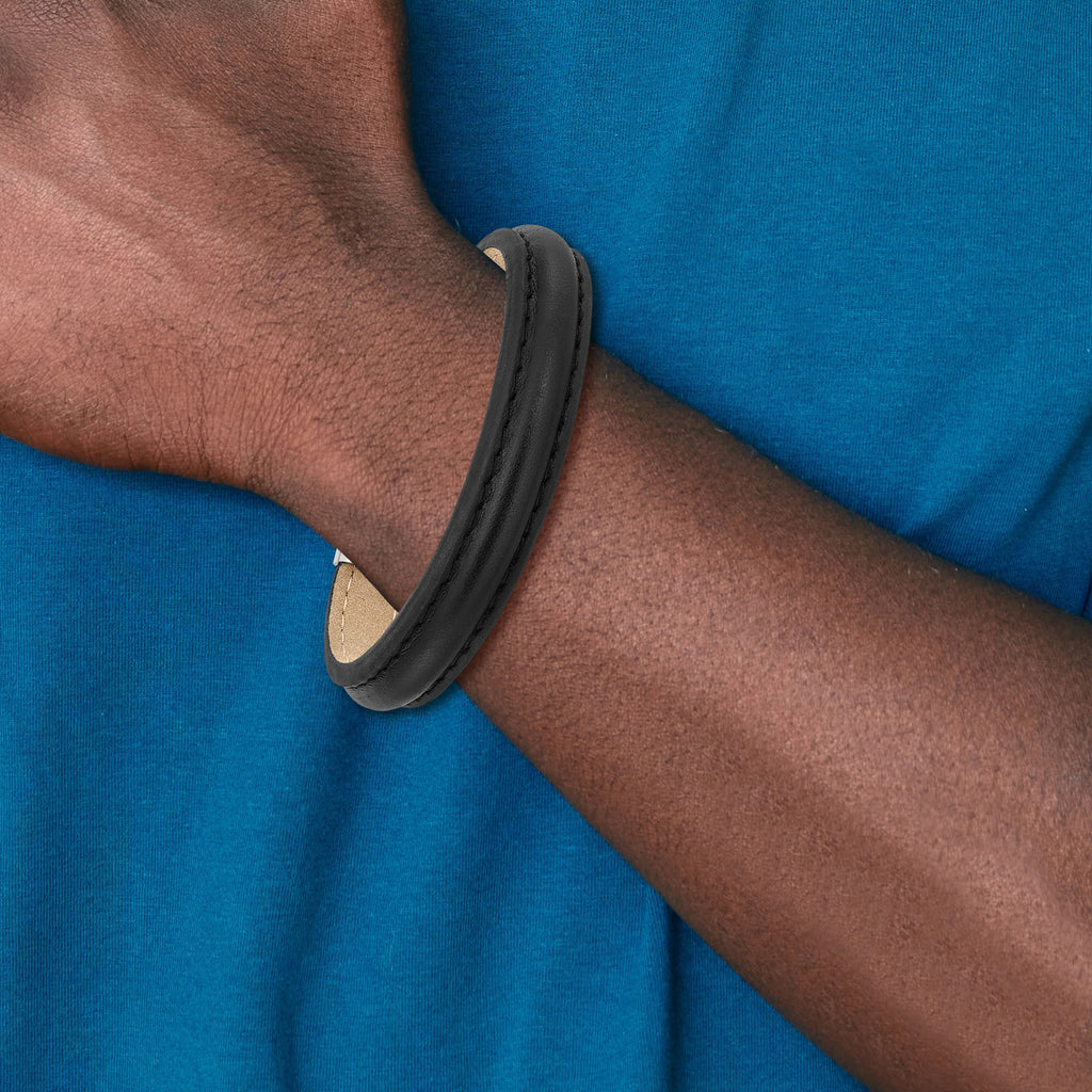 Polished Black Leather Bracelet in Stainless Steel