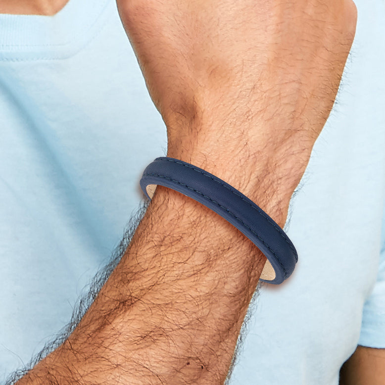 Polished Blue Leather Bracelet in Stainless Steel