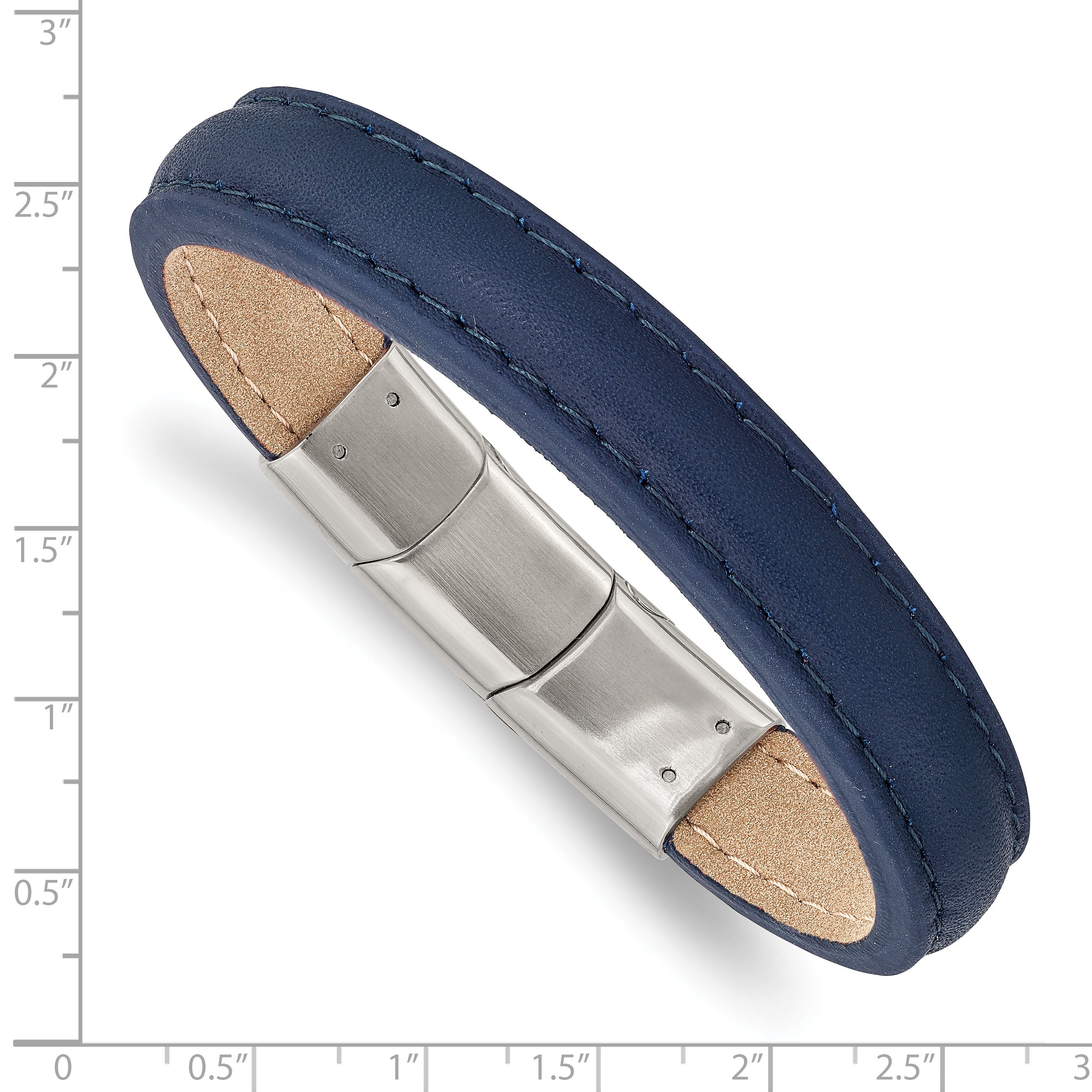 Polished Blue Leather Bracelet in Stainless Steel