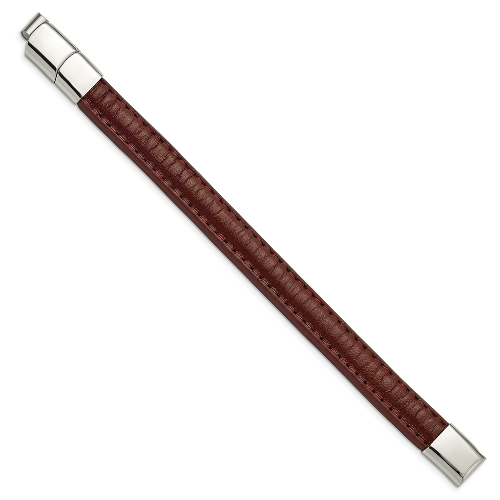 Polished Brown Leather Bracelet in Stainless Steel