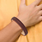 Polished Brown Leather Bracelet in Stainless Steel