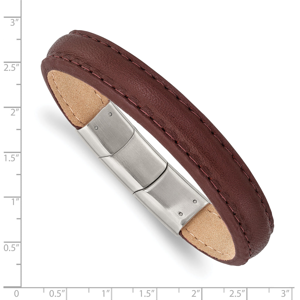 Polished Brown Leather Bracelet in Stainless Steel