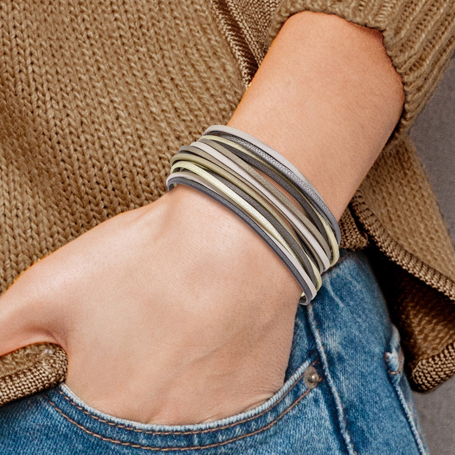 Chisel Stainless Steel Polished Multi-Strand Metallic Faux Leather 7.25 inch Bracelet