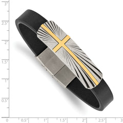 Chisel Stainless Steel Polished Yellow IP-plated Cross Black Leather 8 inch Bracelet with .5 inch Extension