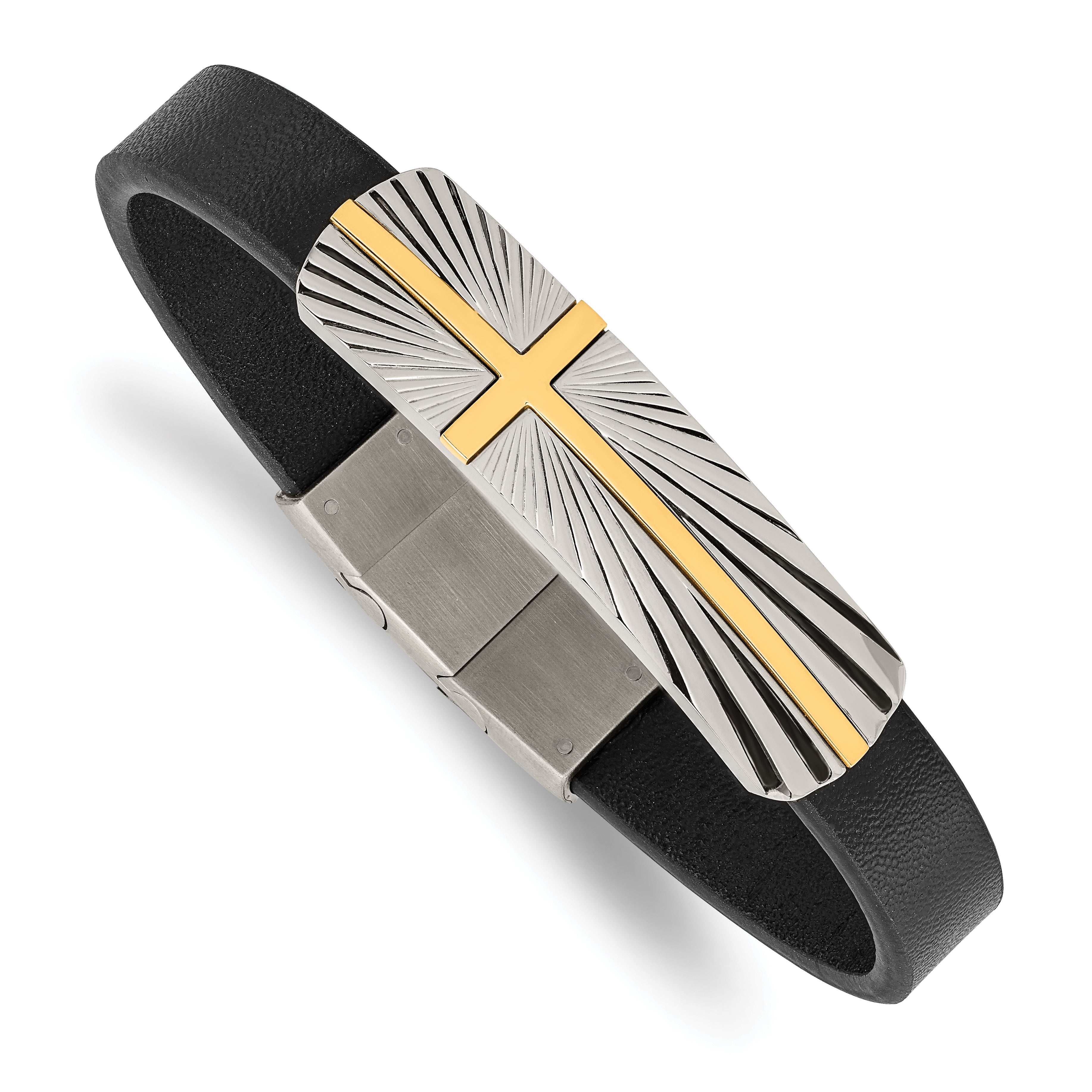 Chisel Stainless Steel Polished Yellow IP-plated Cross Black Leather 8 inch Bracelet with .5 inch Extension