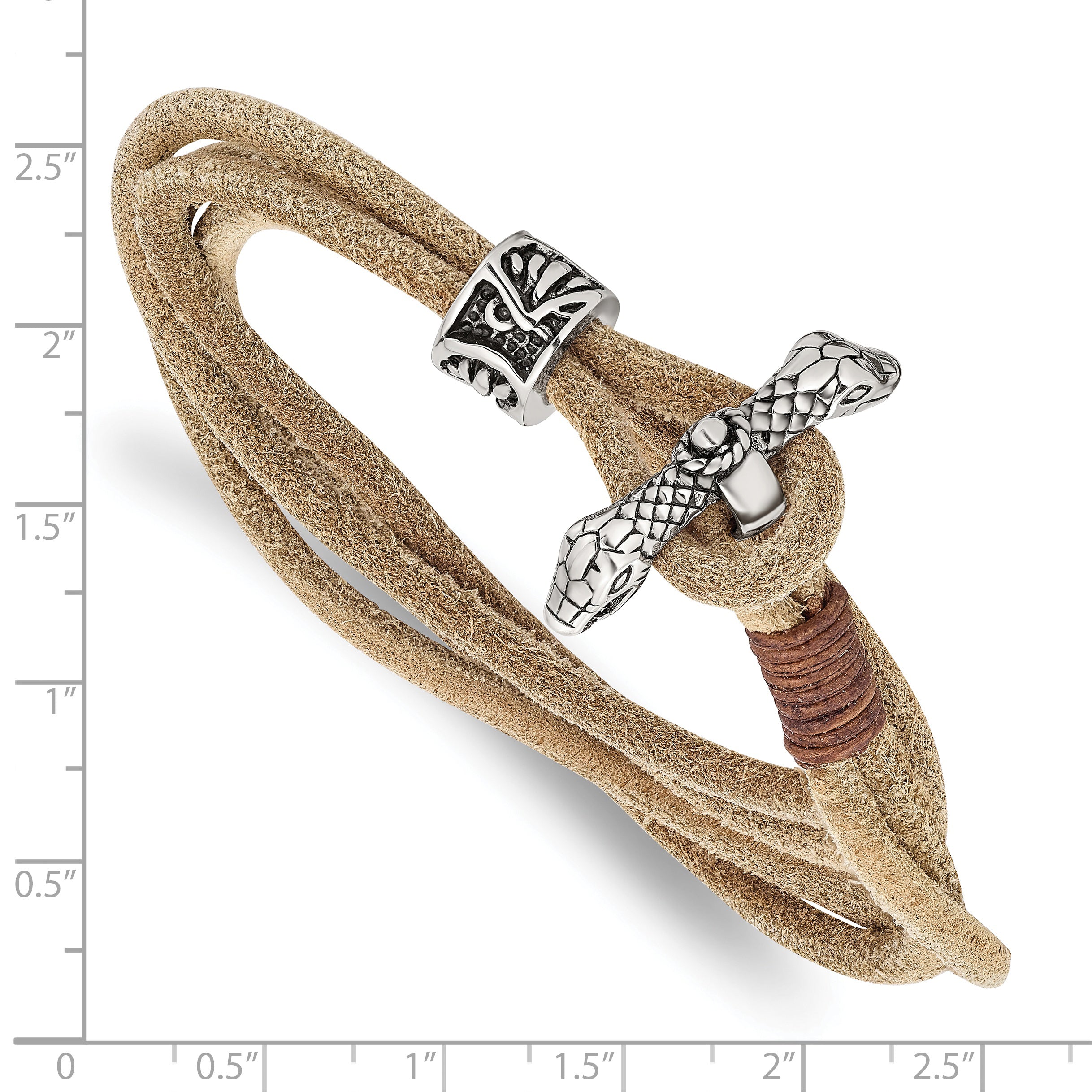 Chisel Stainless Steel Antiqued and Polished Snake Heads Tan Leather 16 inch Wrap Bracelet