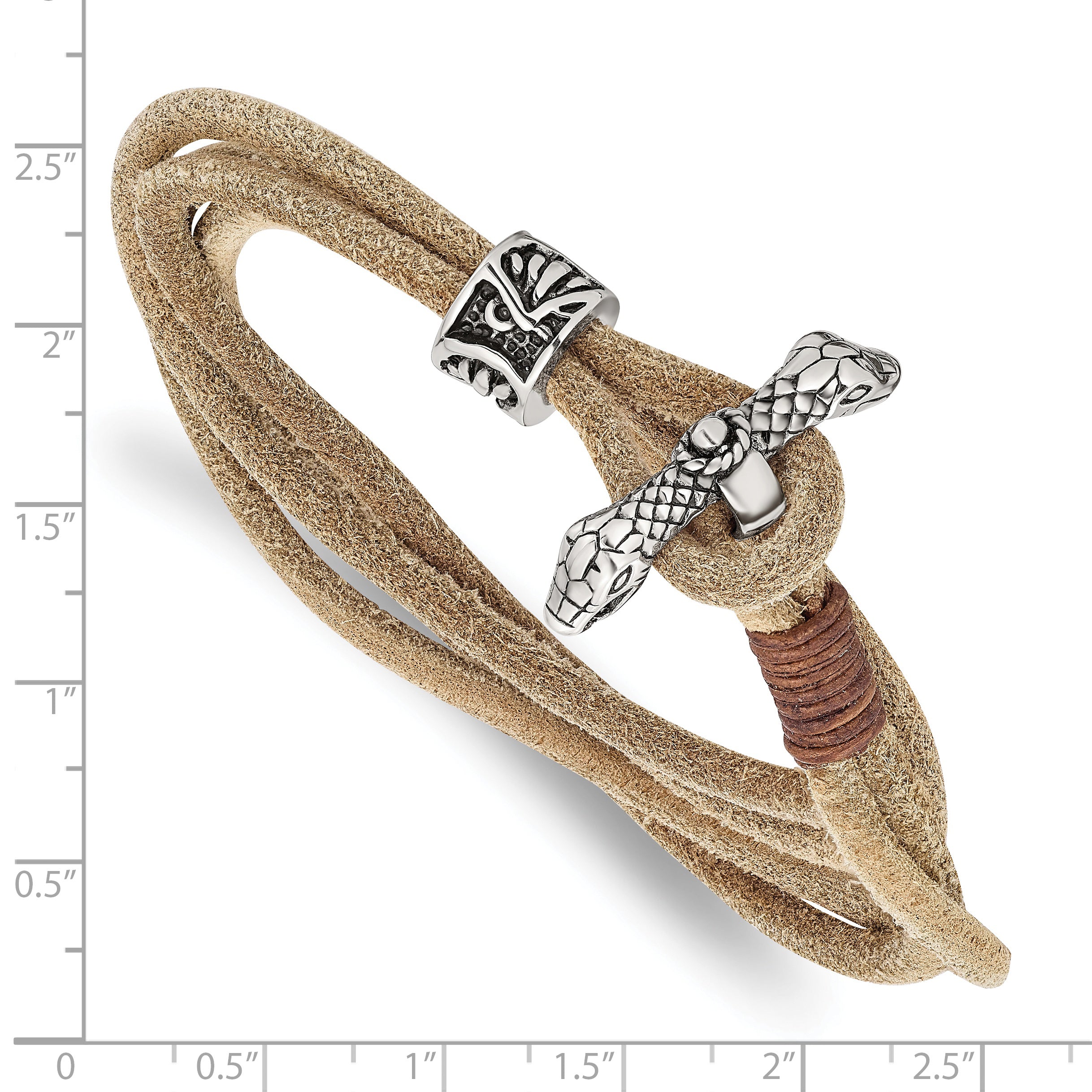 Snake Head Wrap Bracelet in Stainless Steel & Tan Leather