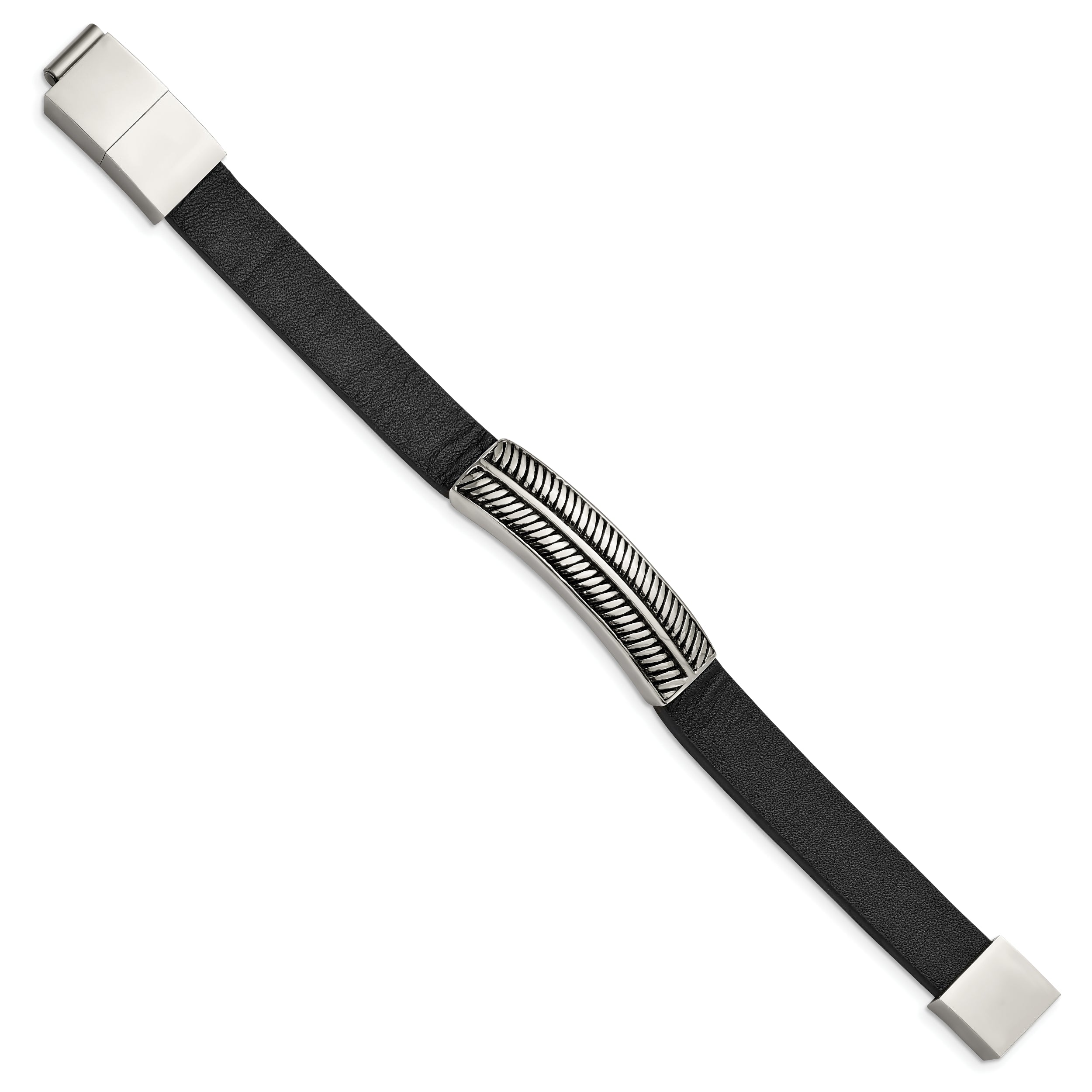 Chisel Stainless Steel Antiqued and Polished Black Leather 8 inch Bracelet with .5 inch Extension