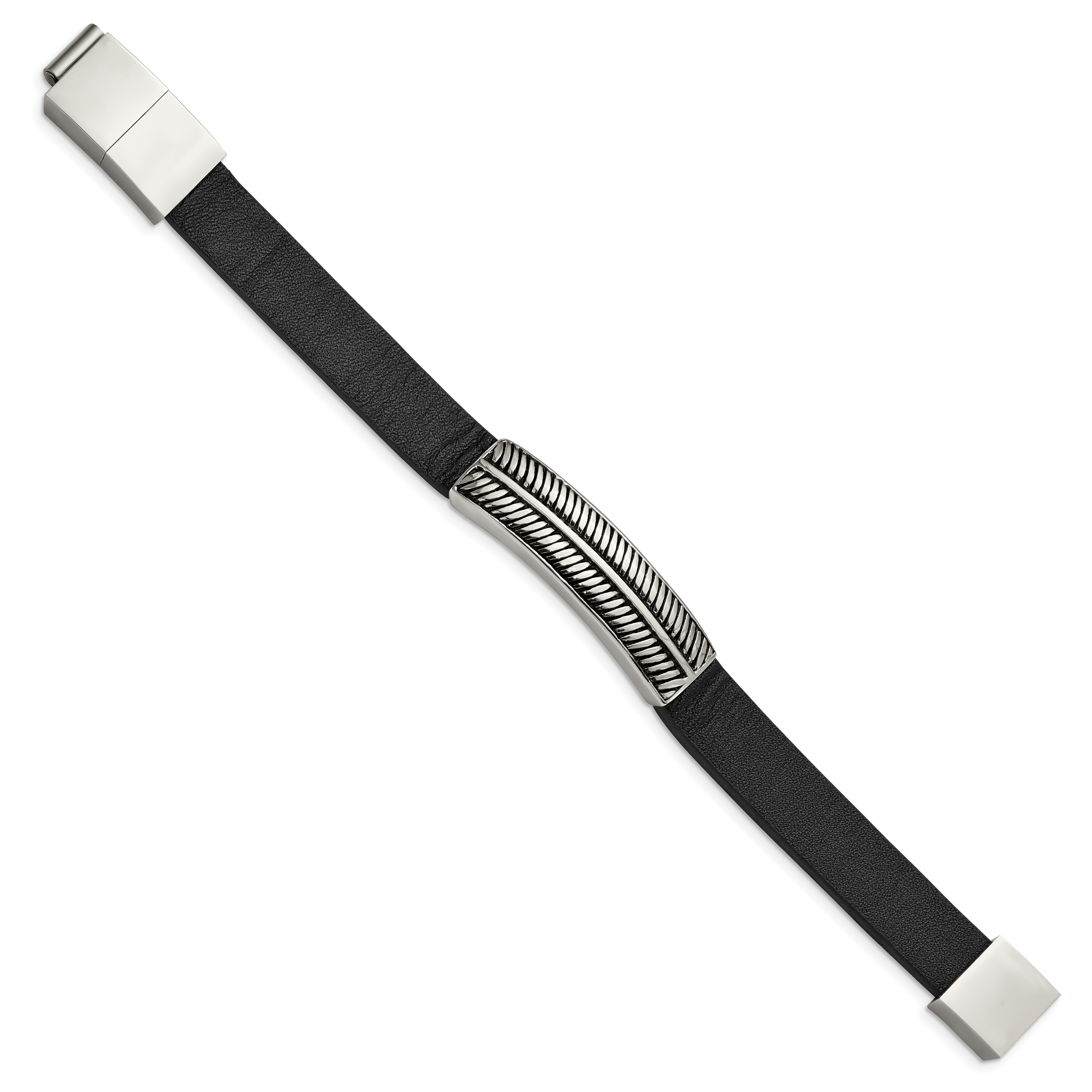Antiqued Black Leather Bracelet in Stainless Steel