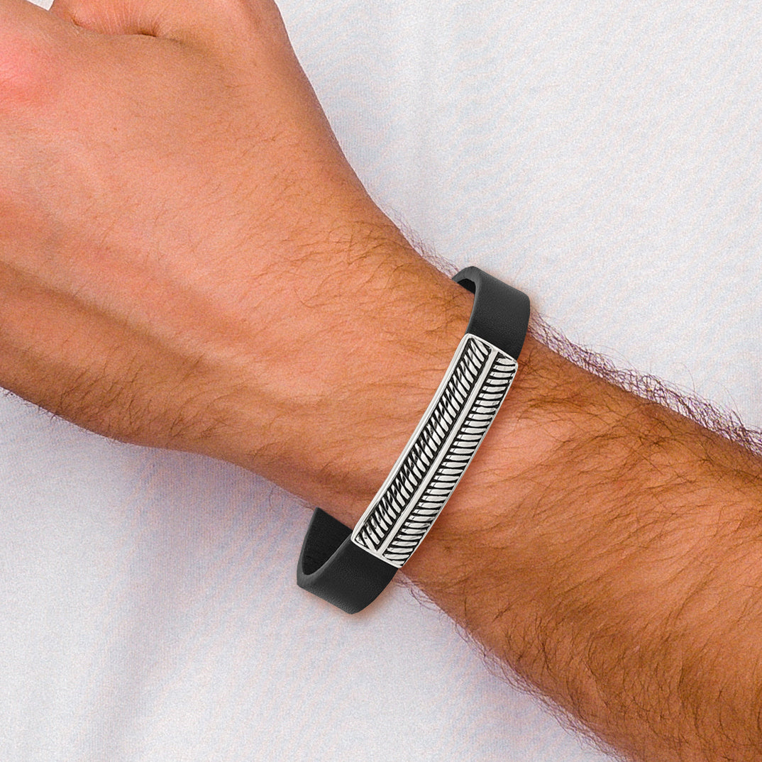 Antiqued Black Leather Bracelet in Stainless Steel