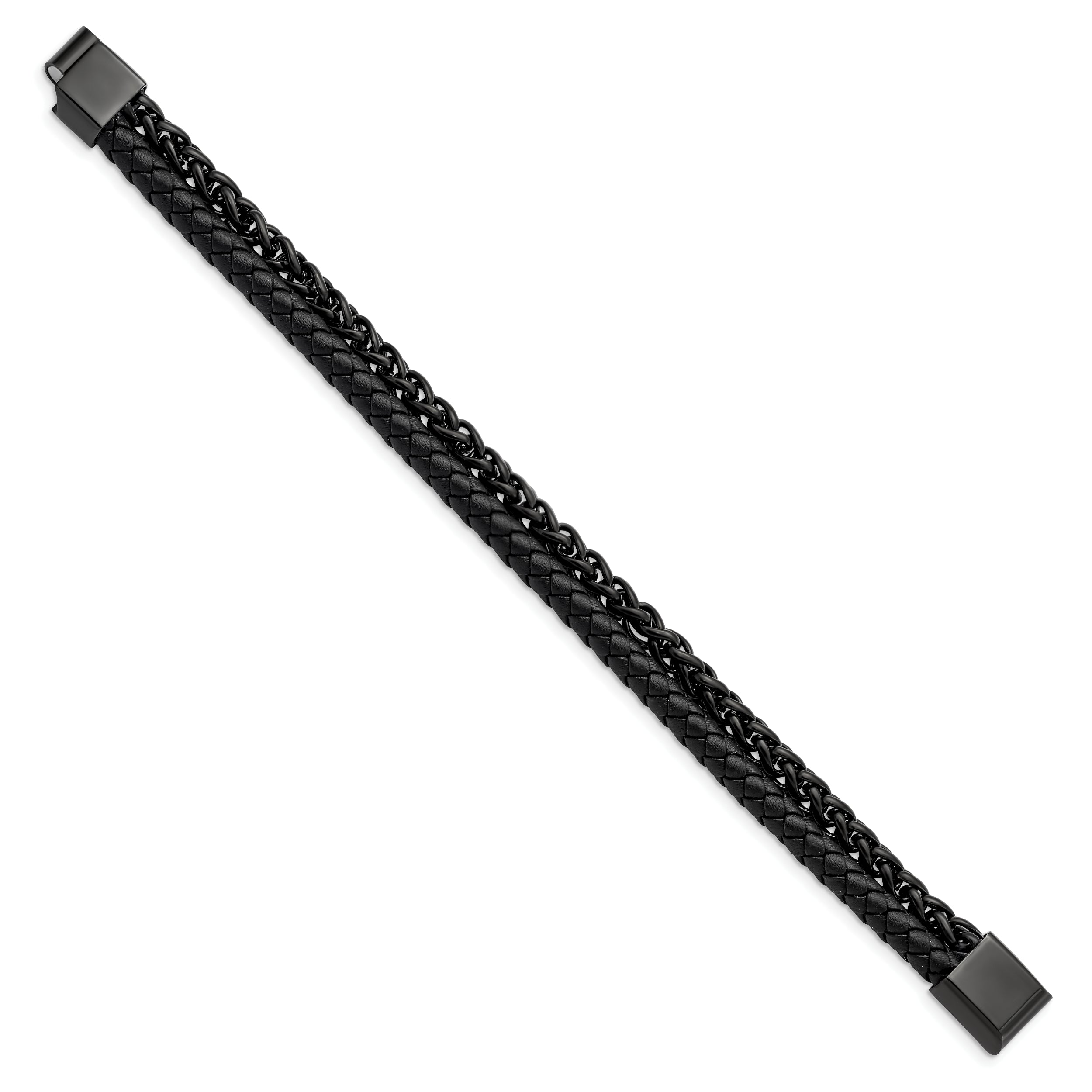 Chisel Stainless Steel Polished Black IP-plated Chain and Black Leather 8.5 inch Bracelet